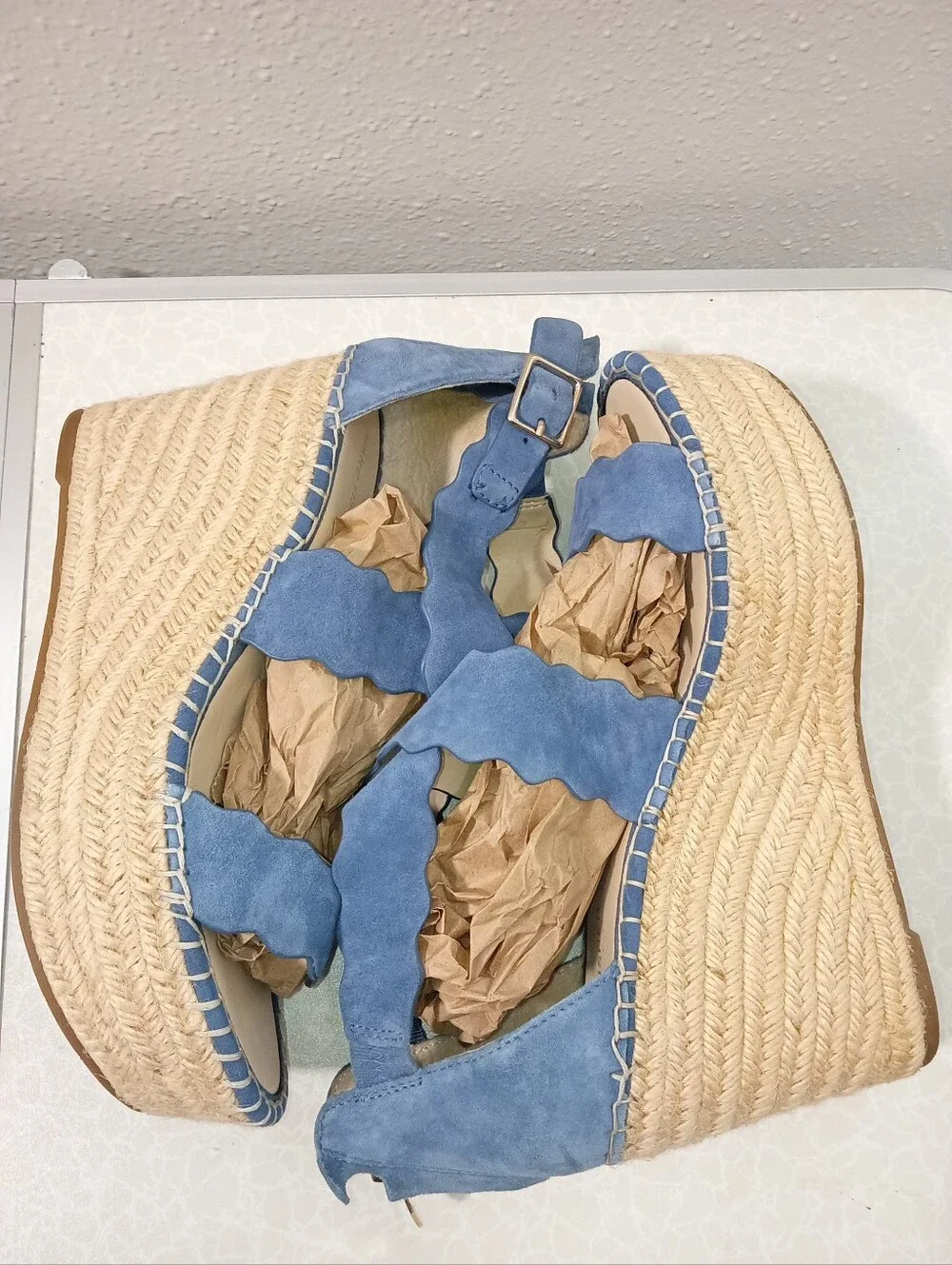 Womens Marc Fisher Blue Suede Wedge Espadrille Sandals sz 10